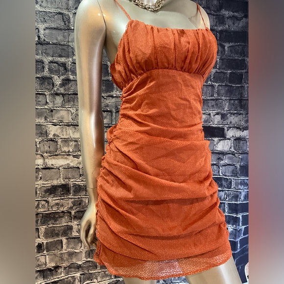 Rust Orange Burnout Velvet Ruched Mini Dress - Picture 11 of 11
